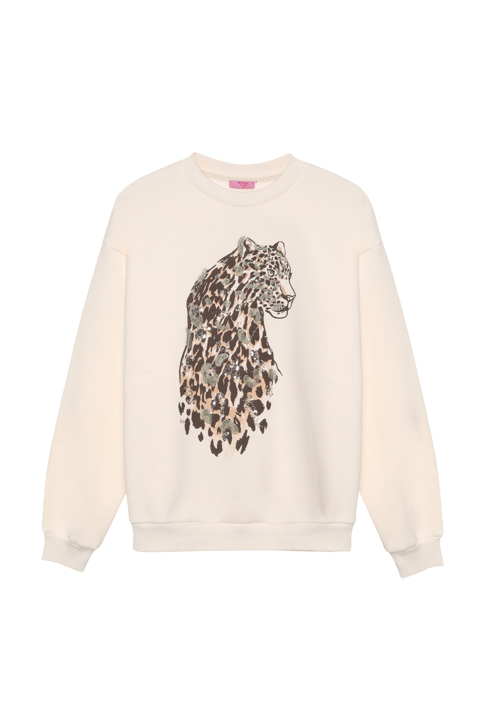 Boncuk Aksesuarlı Leopar Desenli Sweatshirt Bej