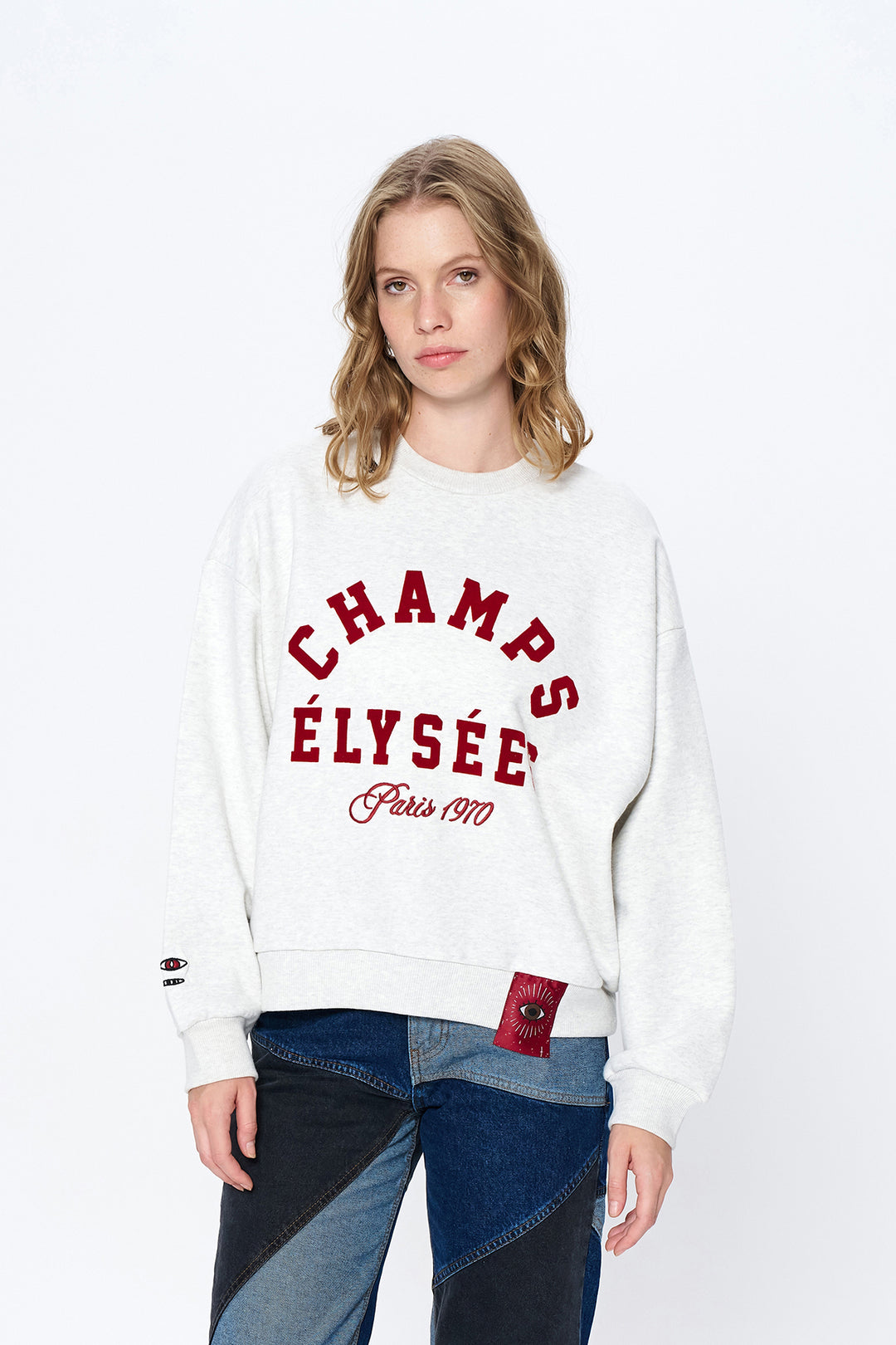 Nakış Göz Etiketli Yazılı Sweatshirt Gri