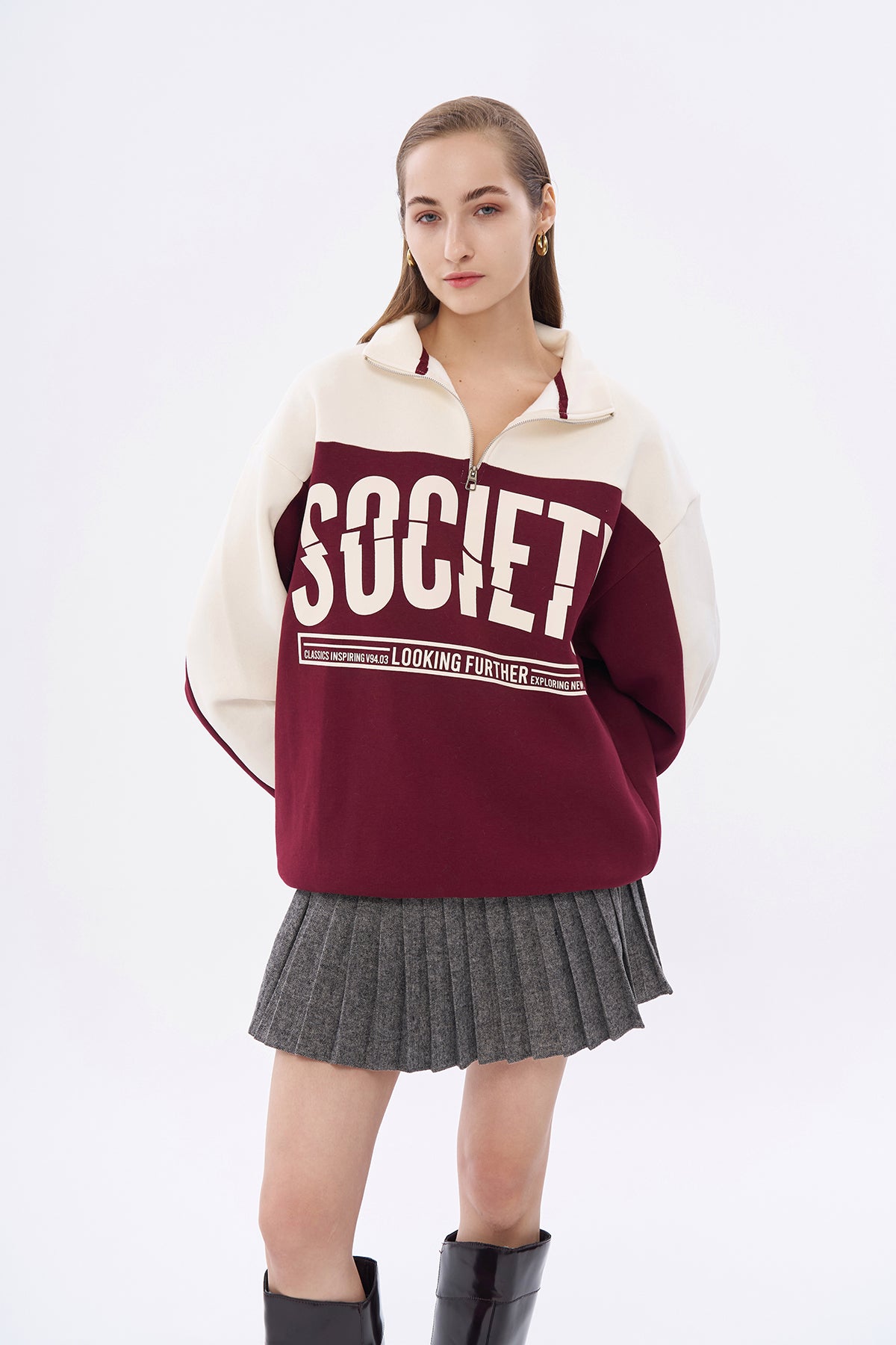 Renk Bloklu Yazılı Oversize Sweatshirt Bej