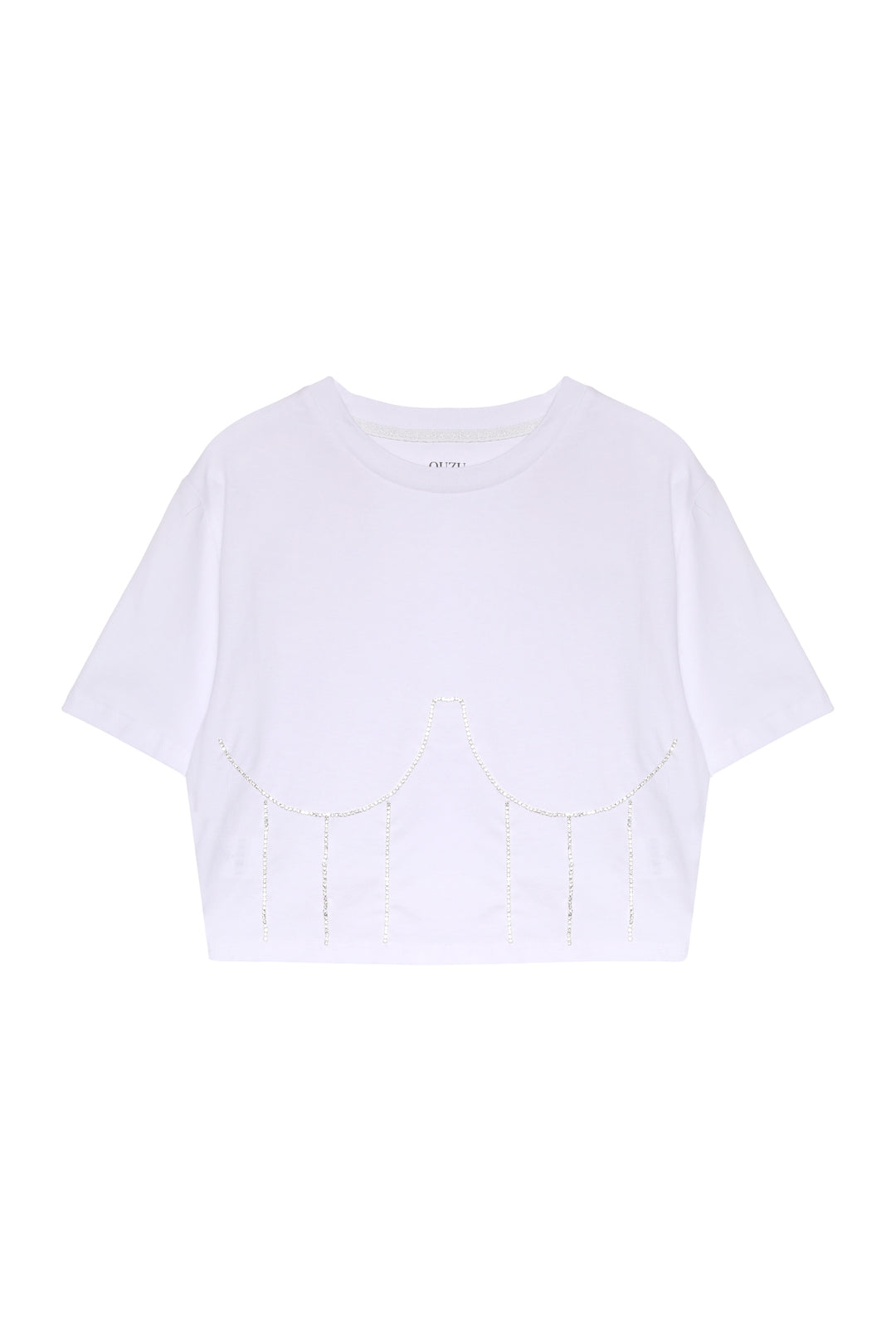 Taş Aksesuar Detaylı Crop Tişört Beyaz