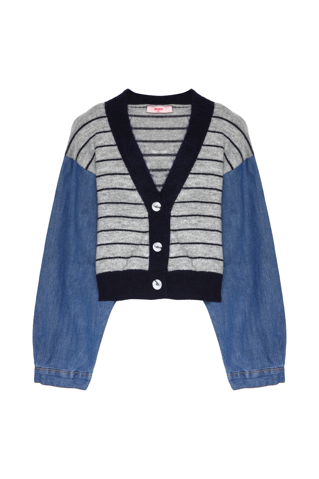 Kolları Denim Match Düğmeli Hırka Gri