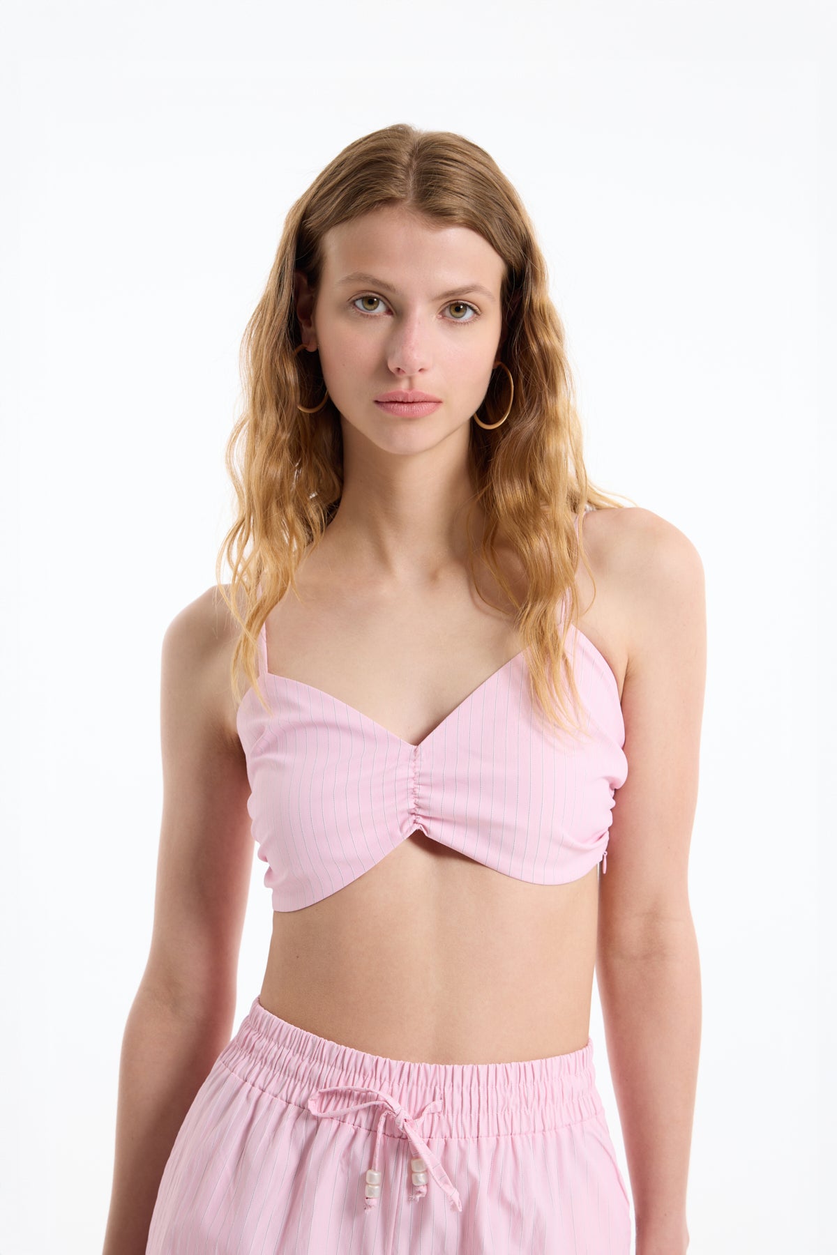 Boncuk Askılı Çizgili Büstiyer Bluz Pembe
