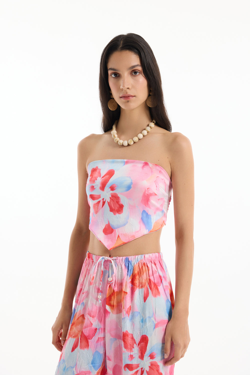 Çiçek Desenli Straplez Crop Büstiyer Bluz Pembe
