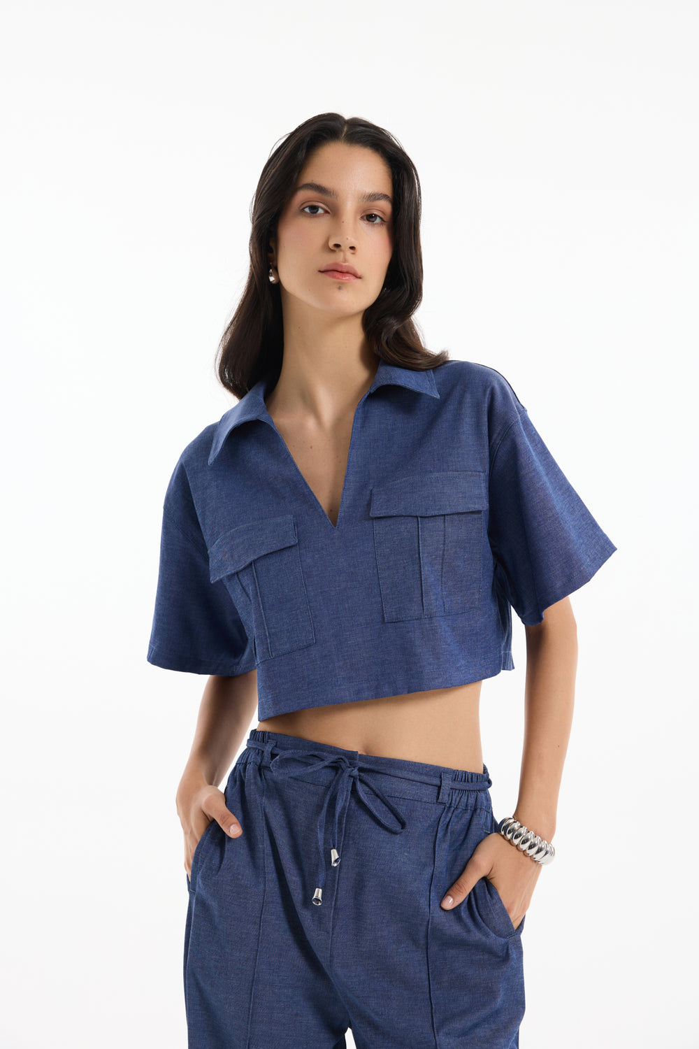 Cep Detaylı Kot Görünümlü Crop Bluz İndigo