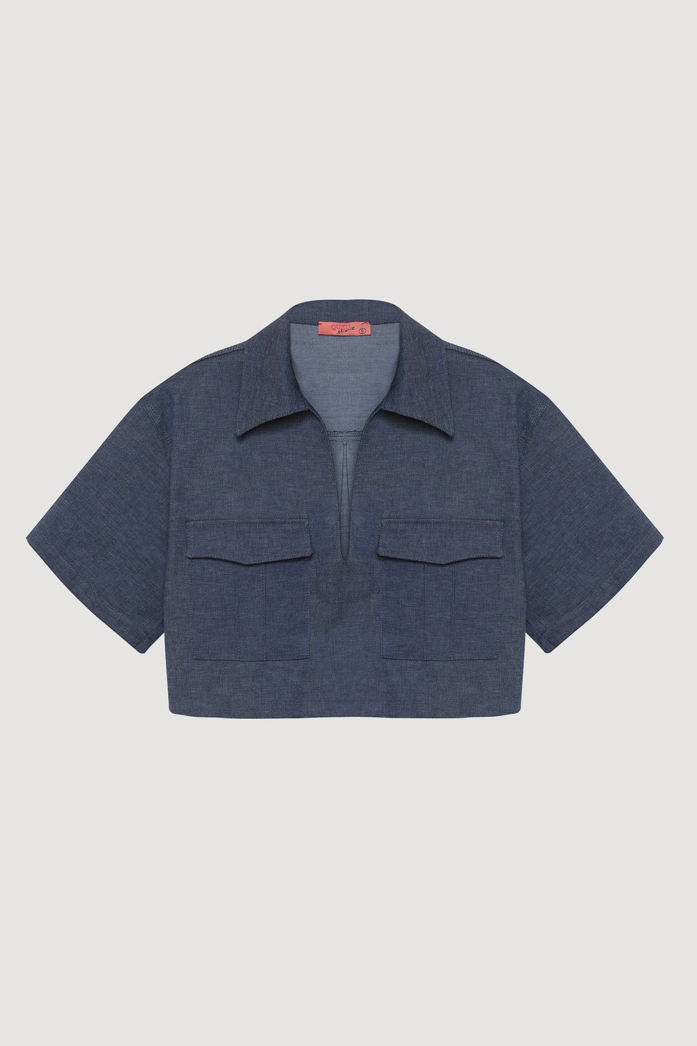 Cep Detaylı Kot Görünümlü Crop Bluz İndigo