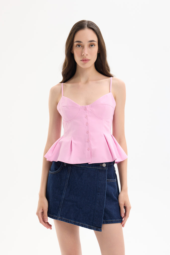 Pile Detaylı Düğmeli İnce Askılı Bluz Pembe
