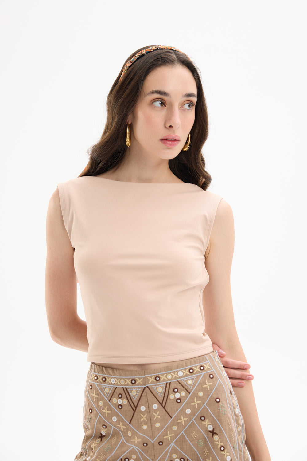Sırt Dekolteli Basic Bluz Bej