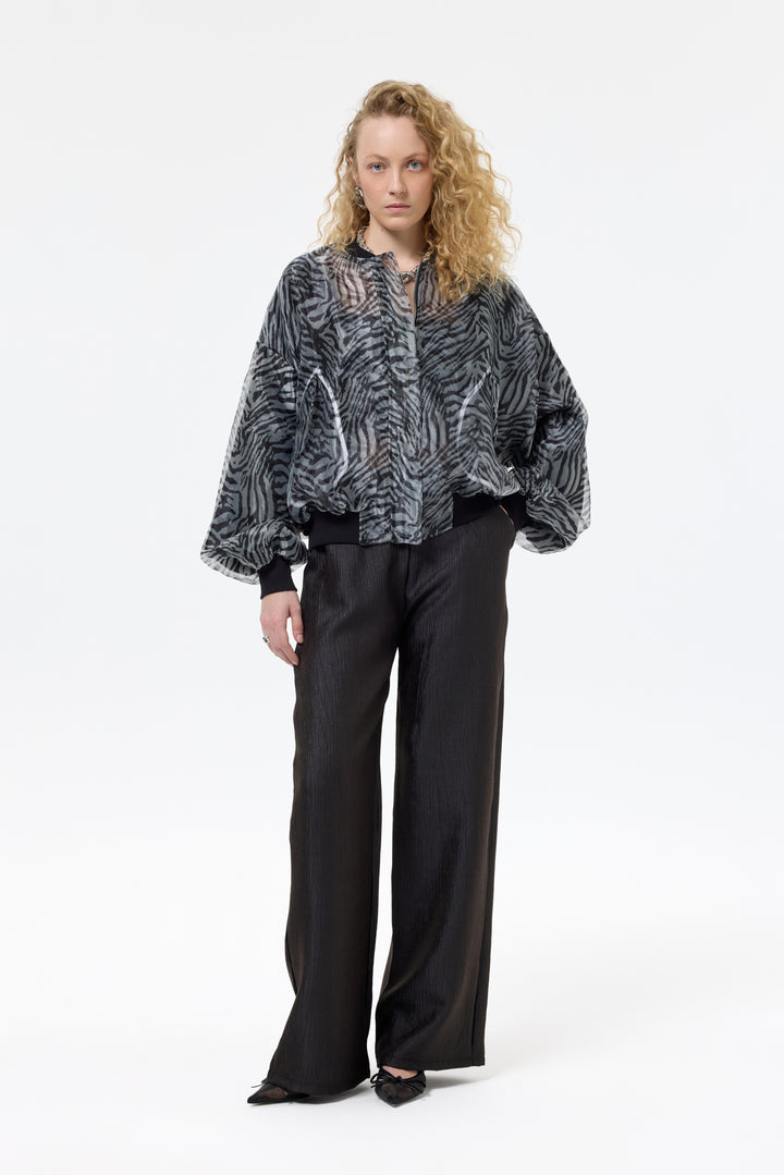 Zebra Desenli Cepli Tül Bomber Ceket Siyah