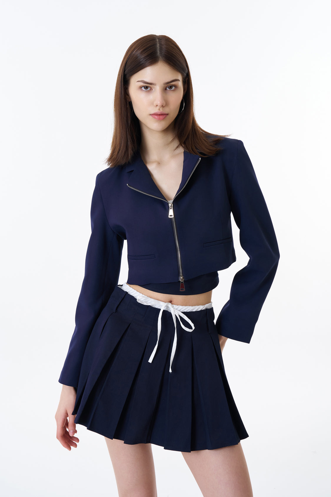 Önden Fermuarlı Crop Blazer Ceket Lacivert