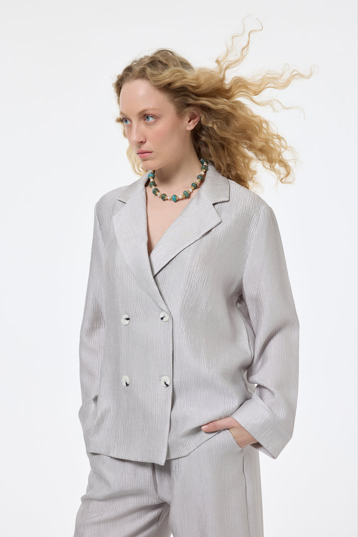 Dokulu Oversize Blazer Ceket Gri