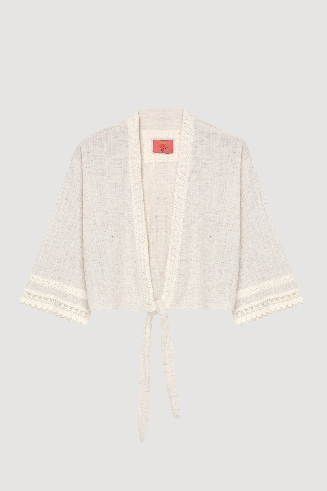 Şerit Dantelli Bağlamalı Kimono Naturel