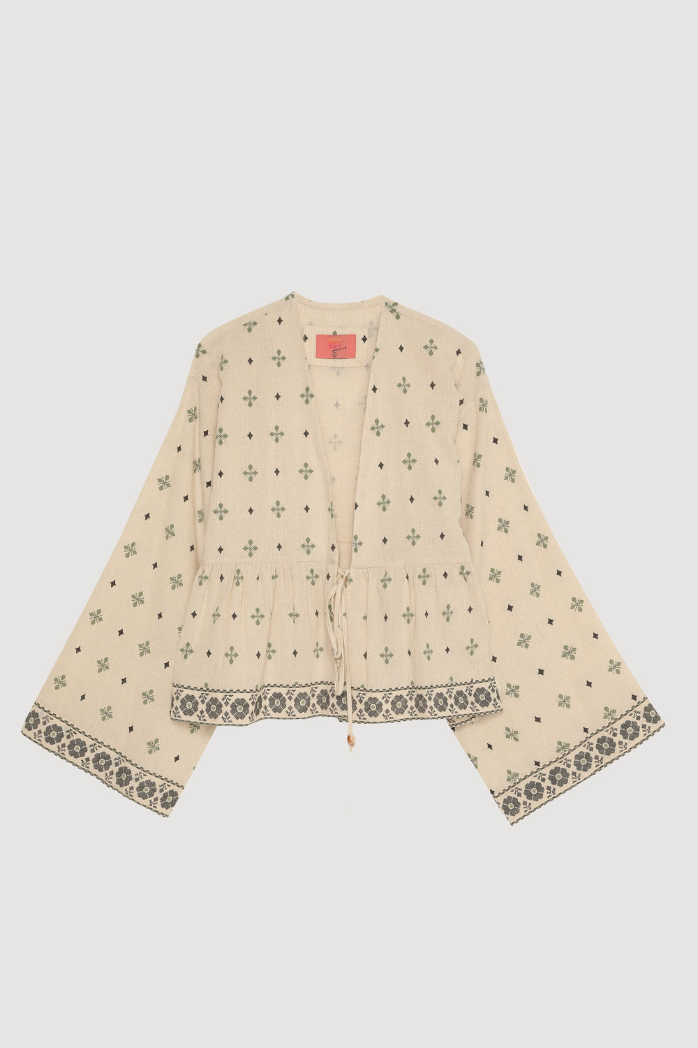 Pile Detaylı Etnik Desenli Bağlamalı Kısa Keten Kimono Naturel