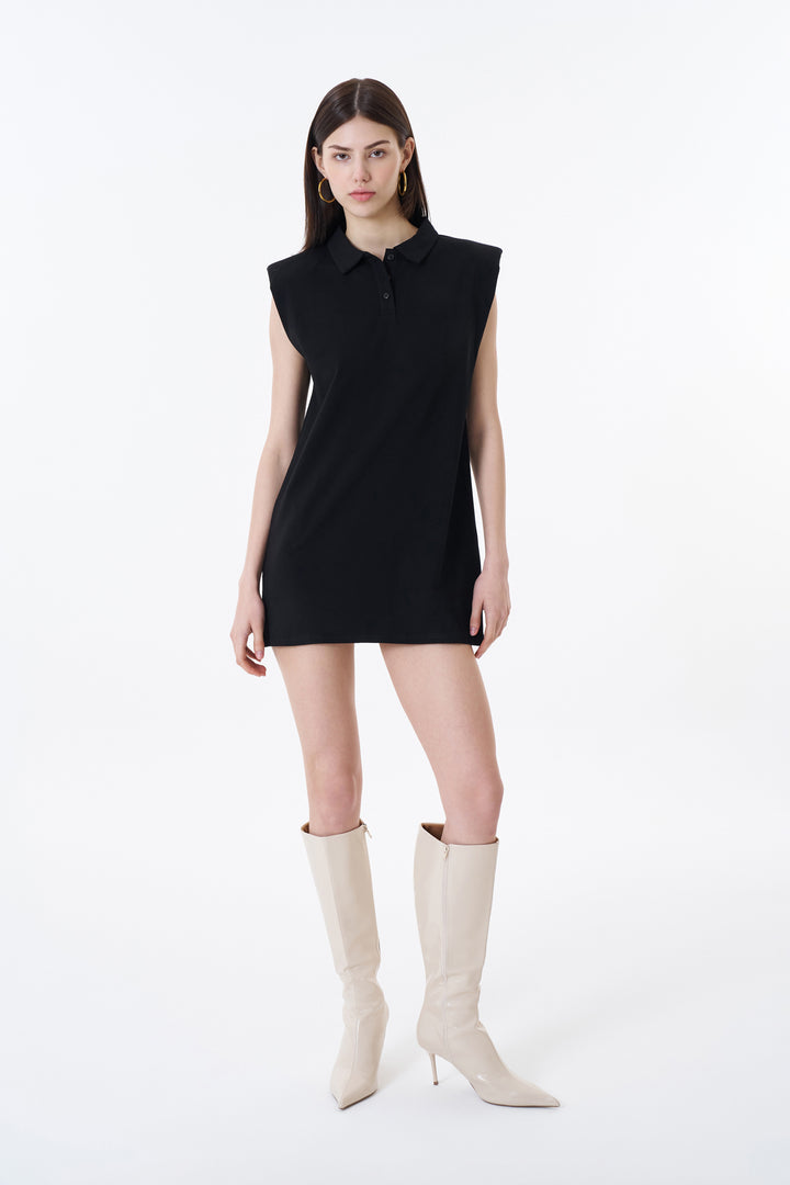 Polo Yaka Vatkalı Basic Mini Elbise Siyah