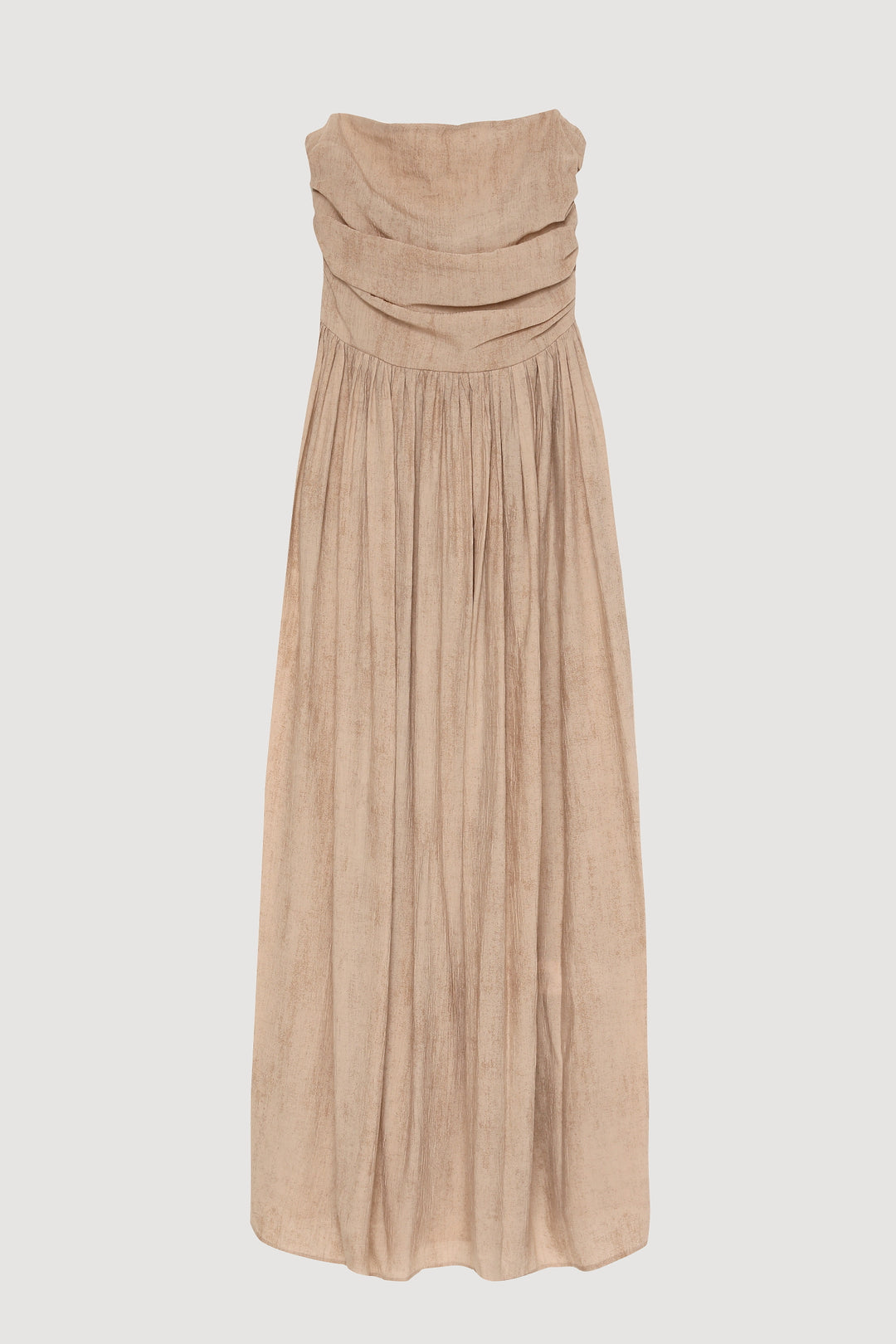 Drape Detaylı Pileli Straplez Midi Elbise Bej