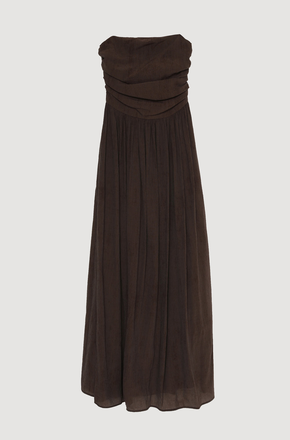 Drape Detaylı Pileli Straplez Midi Elbise Kahverengi