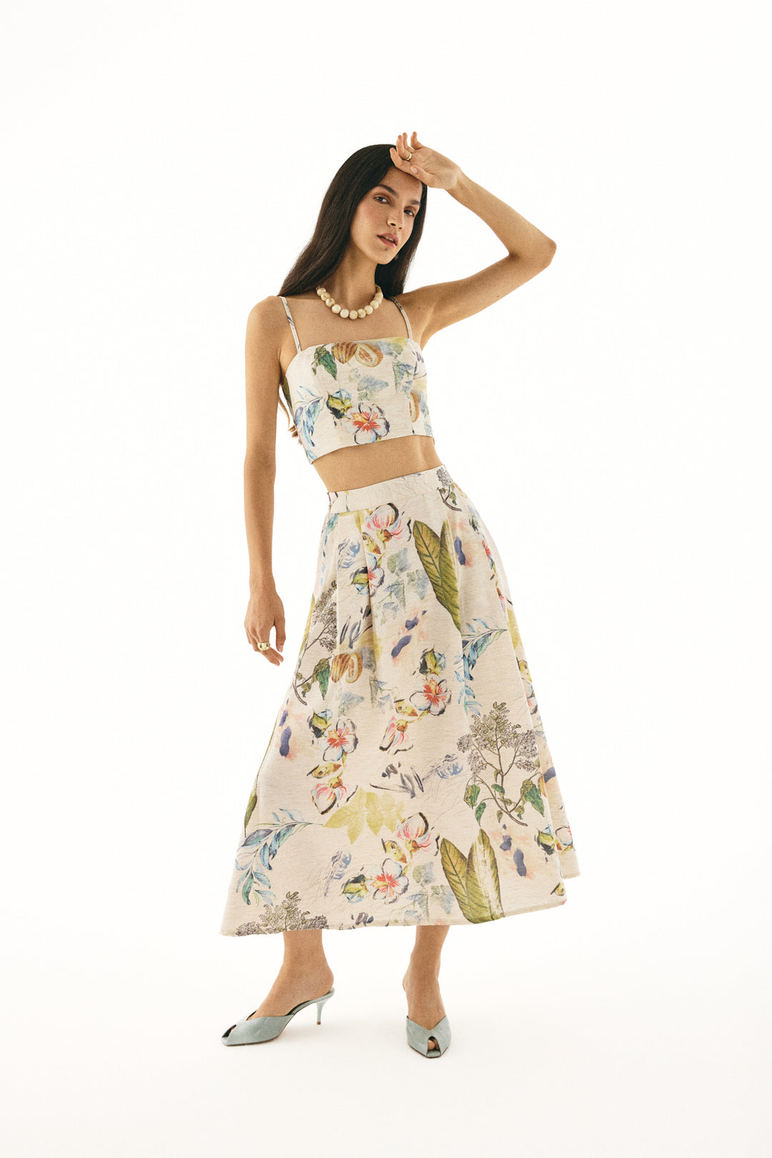 Çiçek Desenli Pileli Keten Midi Boy Etek Naturel