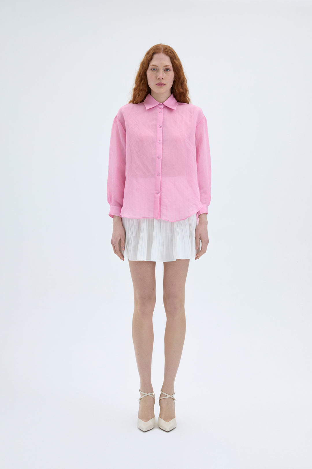 İnce Çizgili Düğmeli Oversize Gömlek Pembe