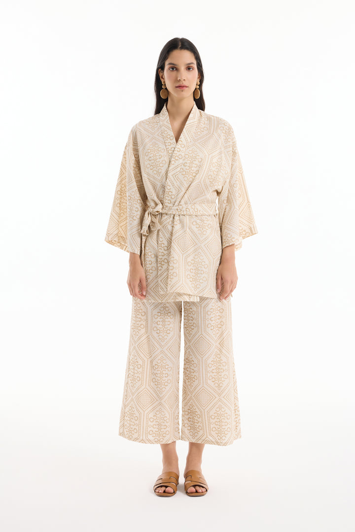Etnik Desenli Bağlamalı Kısa Kimono Naturel