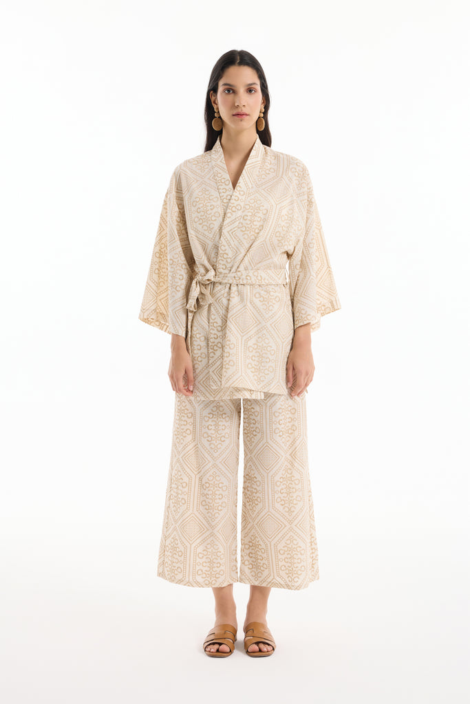 Etnik Desenli Bağlamalı Kısa Kimono Naturel