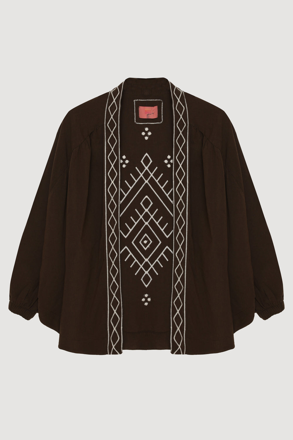 Etnik Desenli Şerit Nakışlı Kısa Keten Kimono Koyu Kahve
