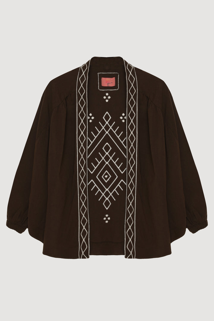 Etnik Desenli Şerit Nakışlı Kısa Keten Kimono Koyu Kahve