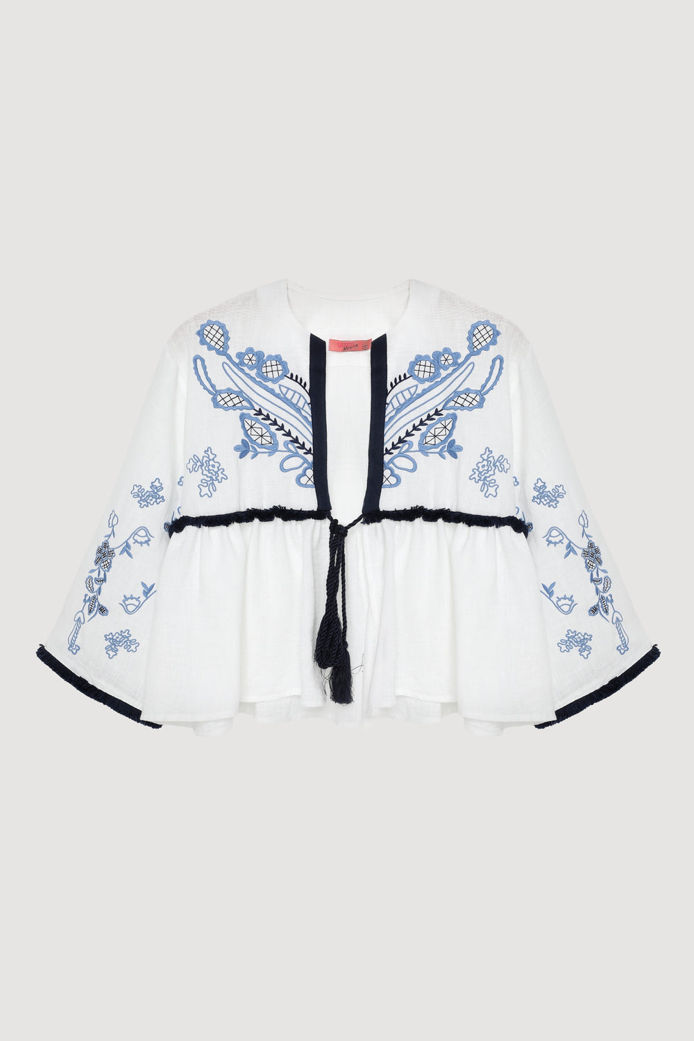 Etnik Nakış İşlemeli Bağlamalı Kısa Kimono Ekru