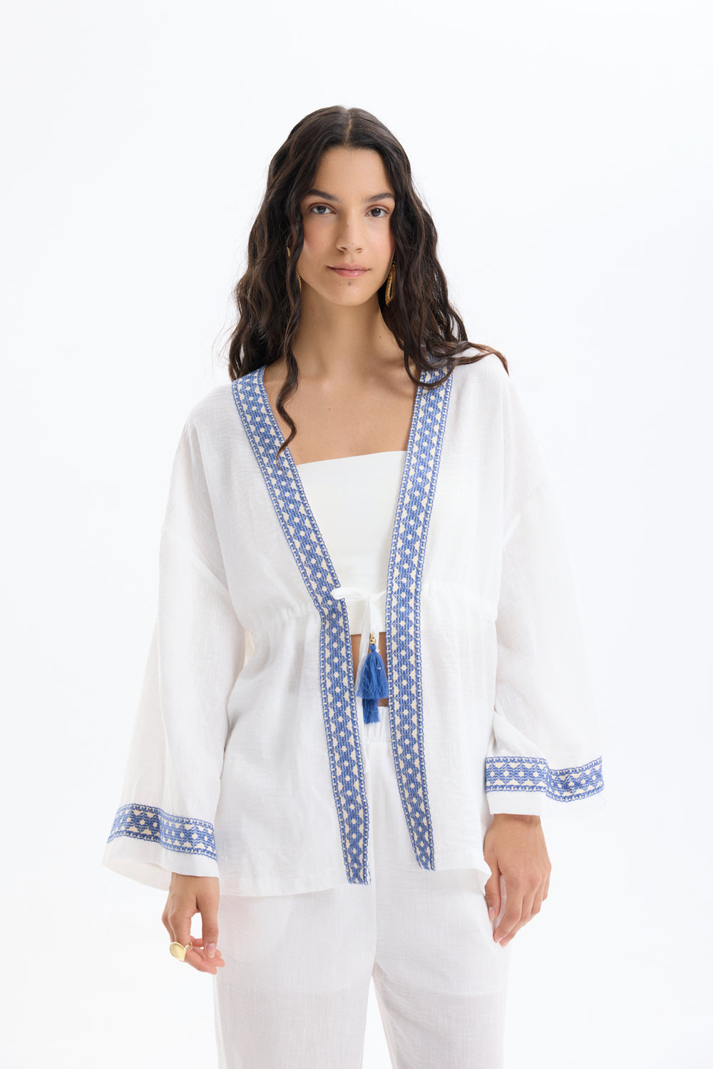 Şerit Nakış Detaylı Beli Bağlamalı Kimono Ekru