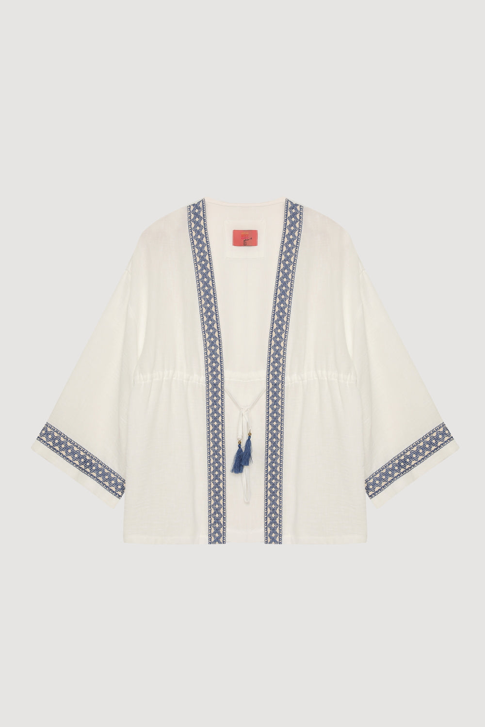 Şerit Nakış Detaylı Beli Bağlamalı Kimono Ekru