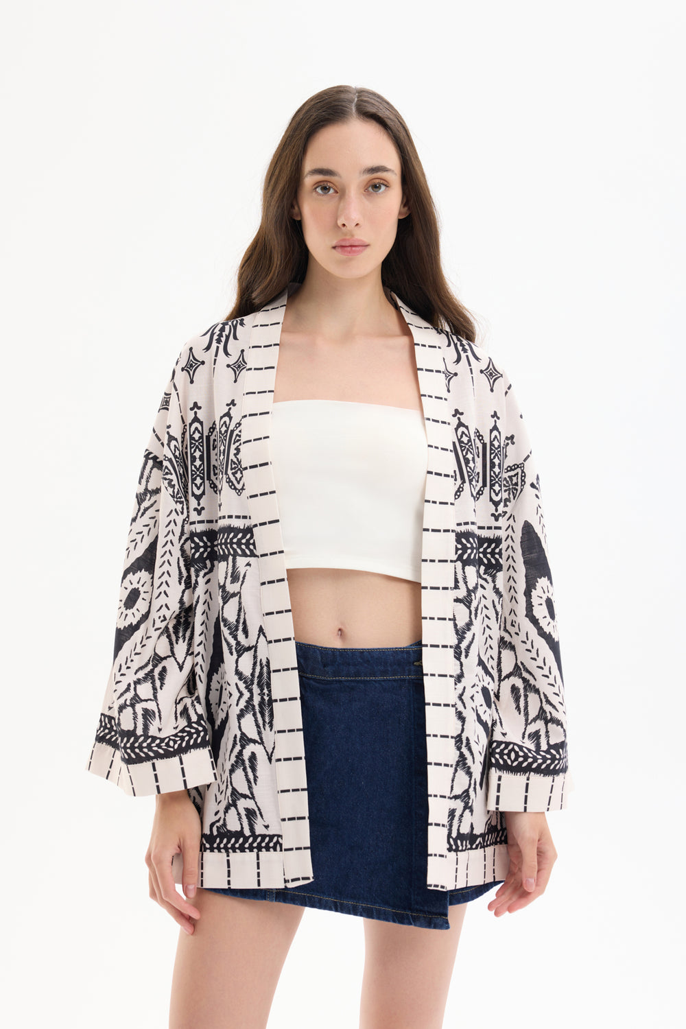 Bohem Desenli Şal Yaka Kısa Kimono Ekru