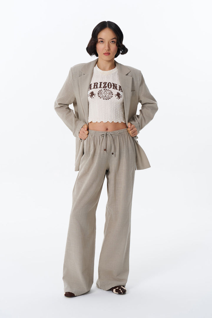 Bağcık Detaylı Beli Lastikli Bol Pantolon Bej