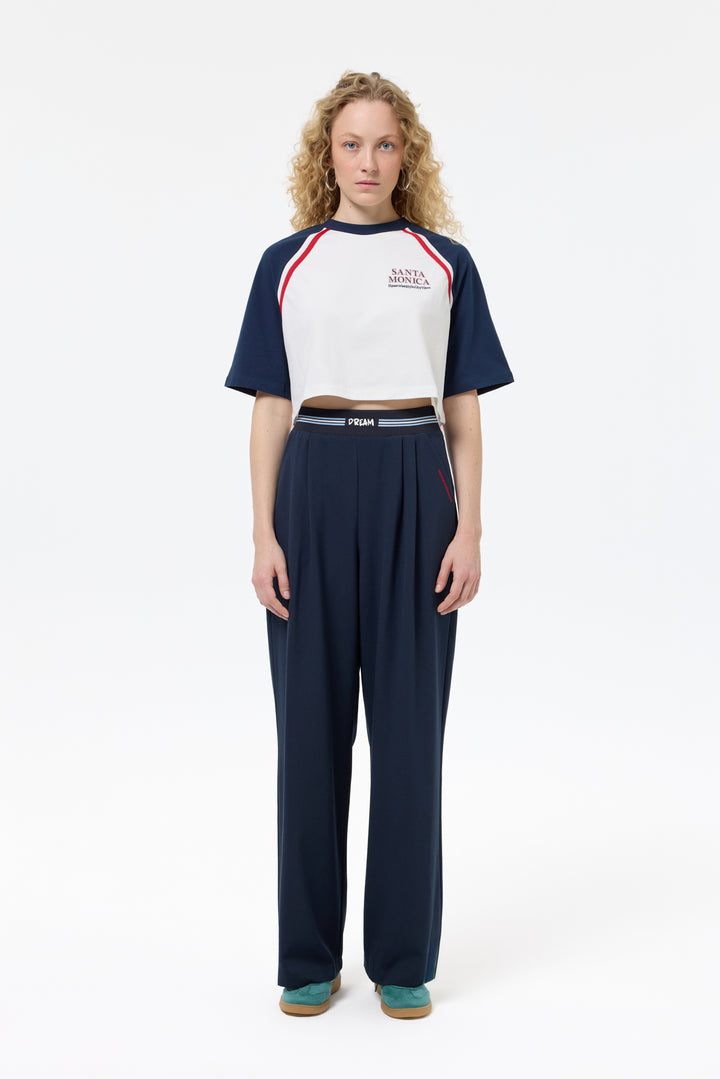 Beli Lastik Şeritli Bol Paça Pantolon Lacivert