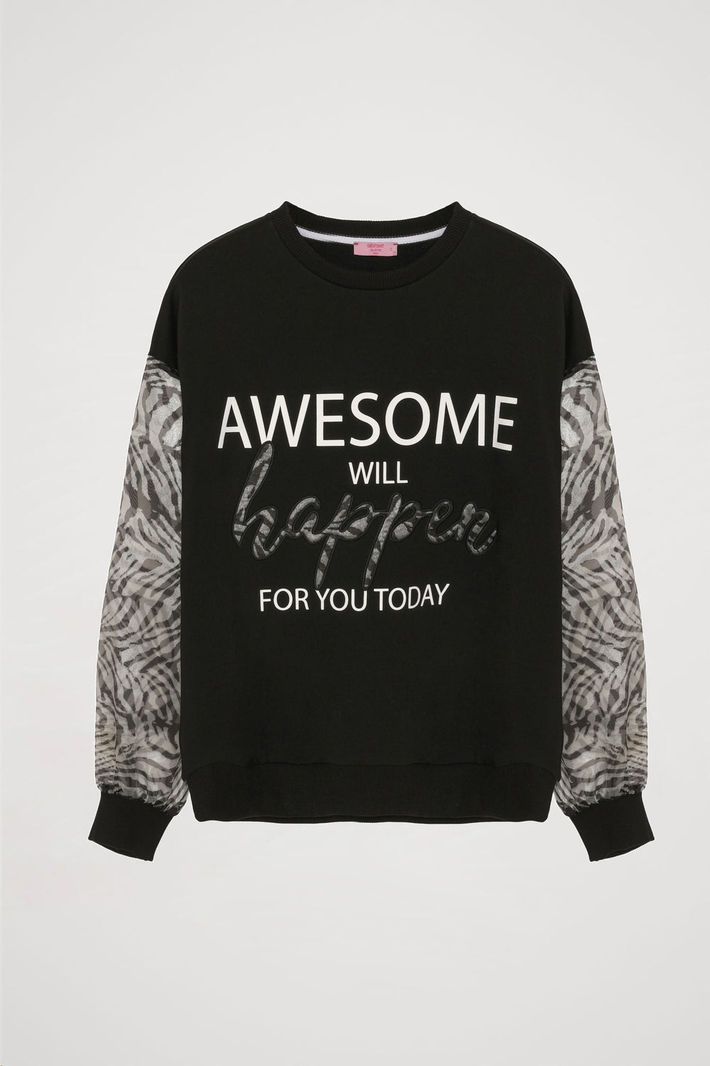 Kolu Zebralı Yazı Baskılı Sweatshirt Siyah