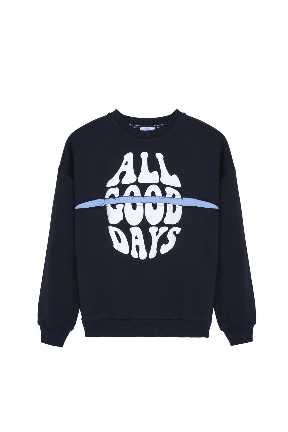 Yırtık Detaylı Yazı Baskılı Sweatshirt Lacivert