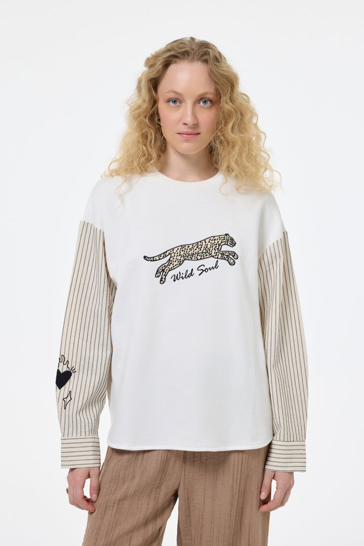 Çizgili Garnili Leopar Baskılı Sweatshirt Ekru