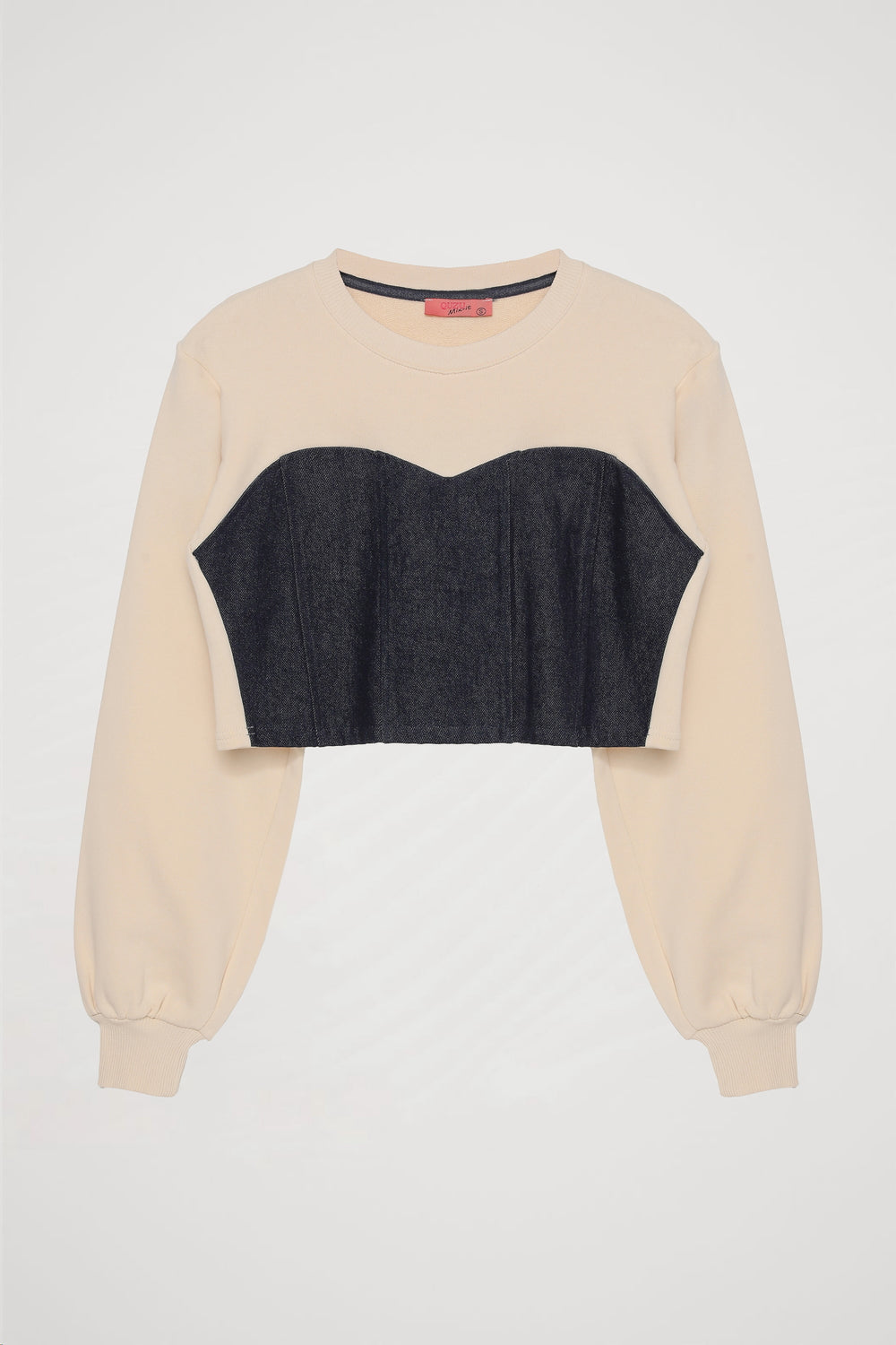 Match Detaylı Crop Sweatshirt Bej