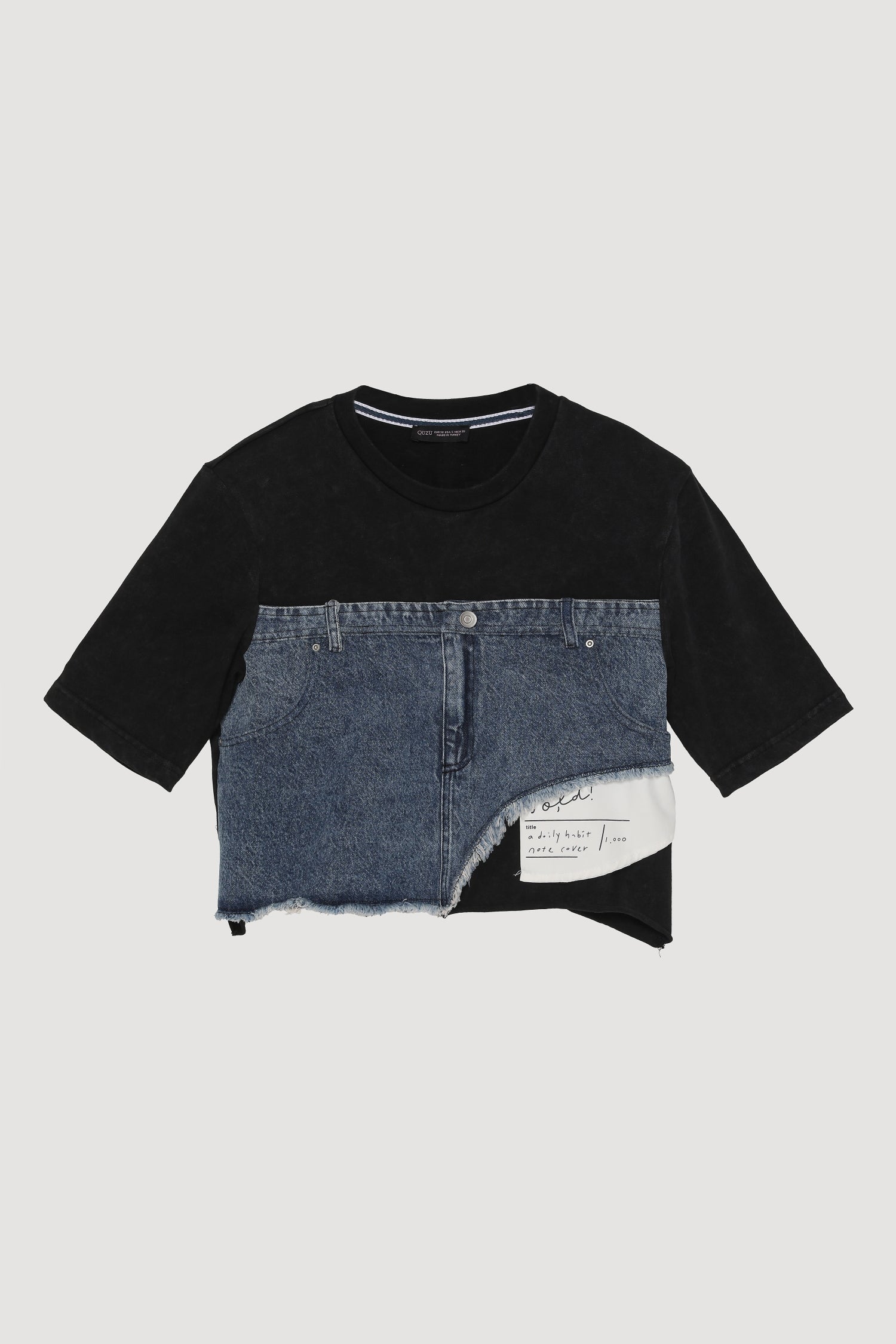 Denim Detaylı Püsküllü Crop Tişört Siyah