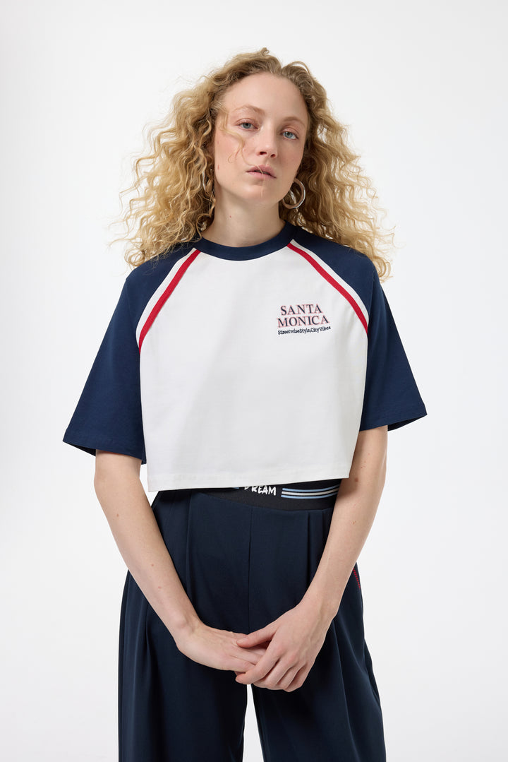 Şerit Çizgili Santa Monica Yazılı Tişört Ekru