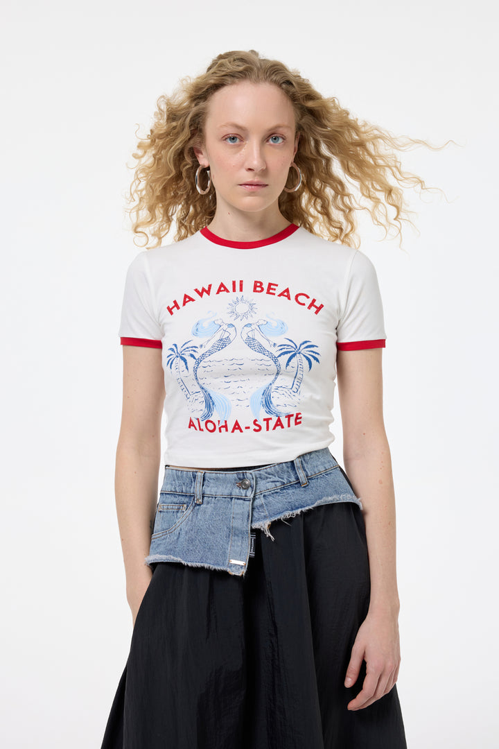 Şeritli Yazı Baskılı Crop Tişört Ekru