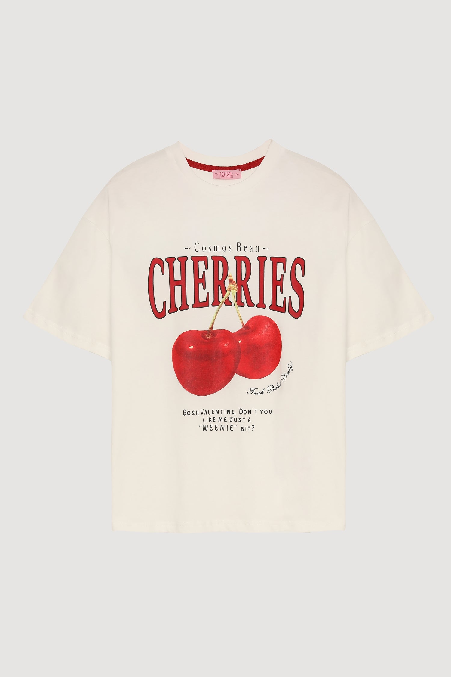 Kiraz Baskılı Oversize Tişört Ekru – QUZU