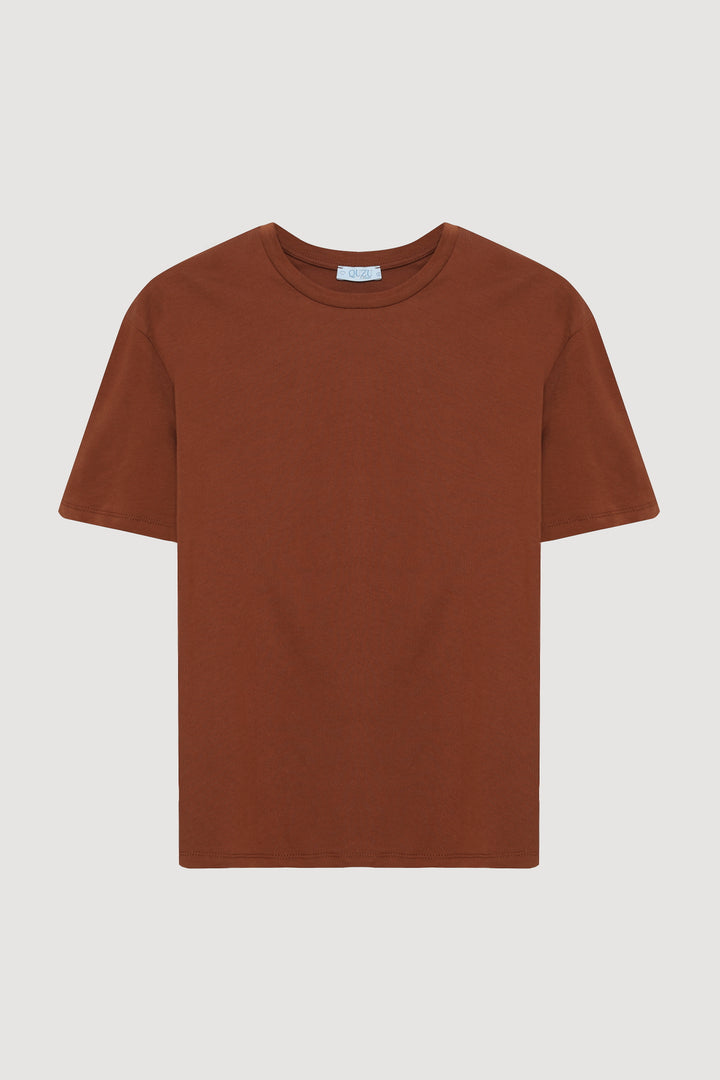 Bisiklet Yaka Oversize Basic Tişört Kahverengi