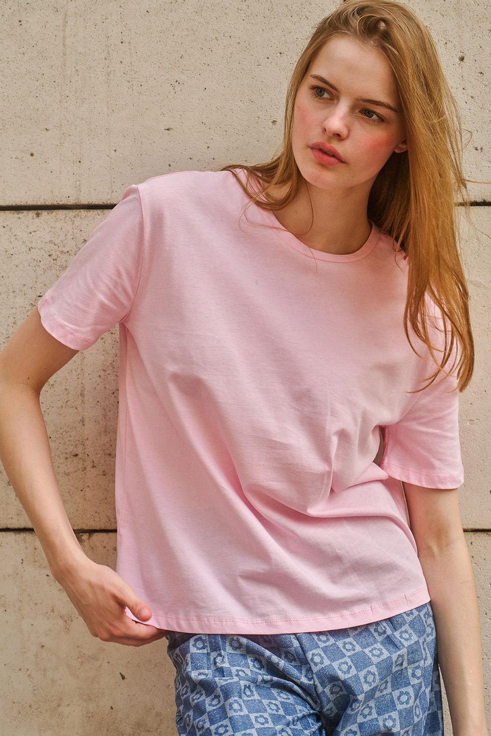 Bisiklet Yaka Oversize Basic Tişört Pembe
