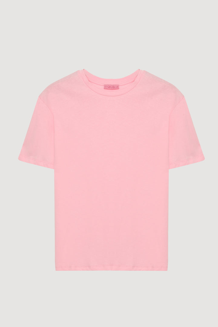 Bisiklet Yaka Oversize Basic Tişört Pembe