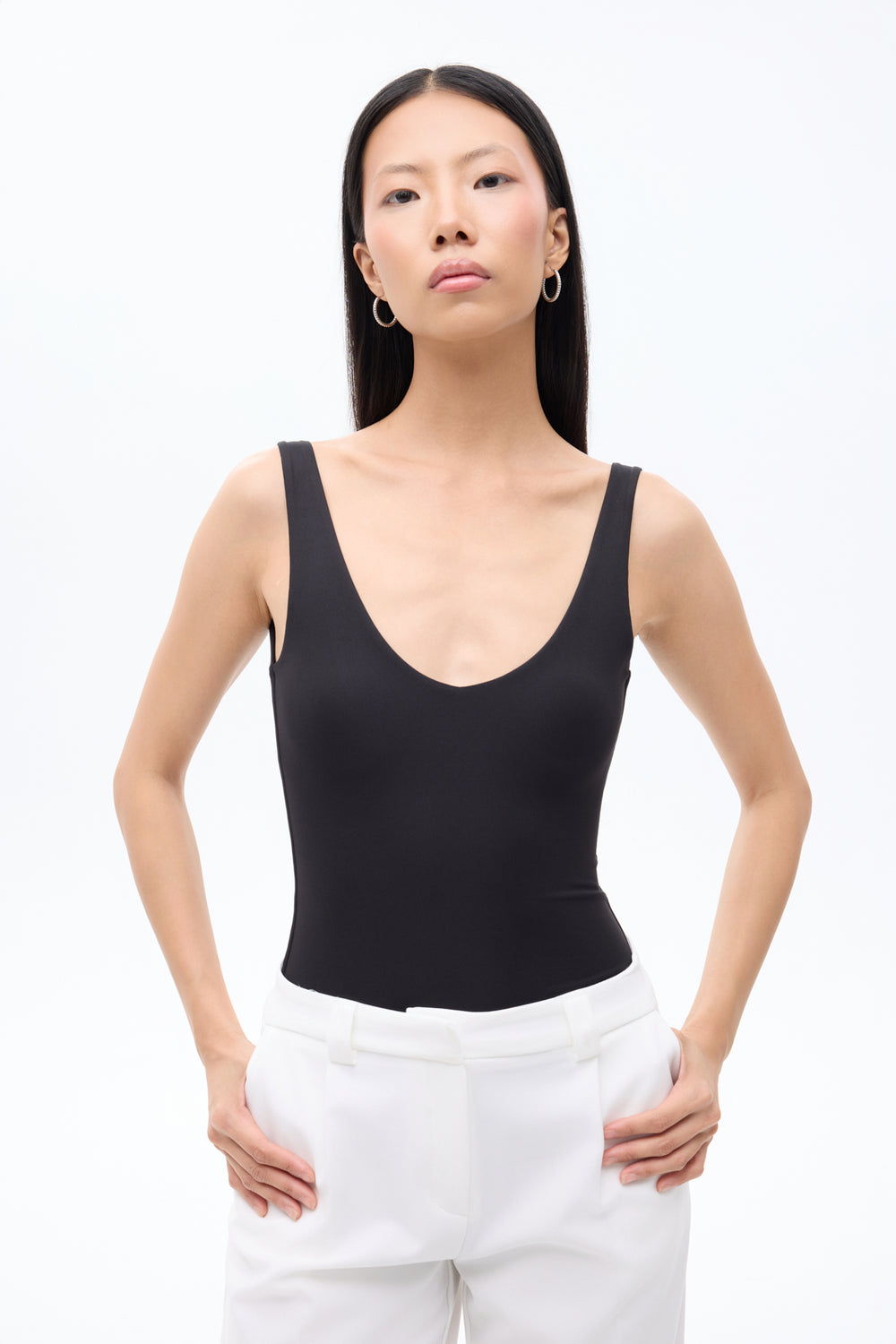 V Yaka Basic Bodysuit Siyah
