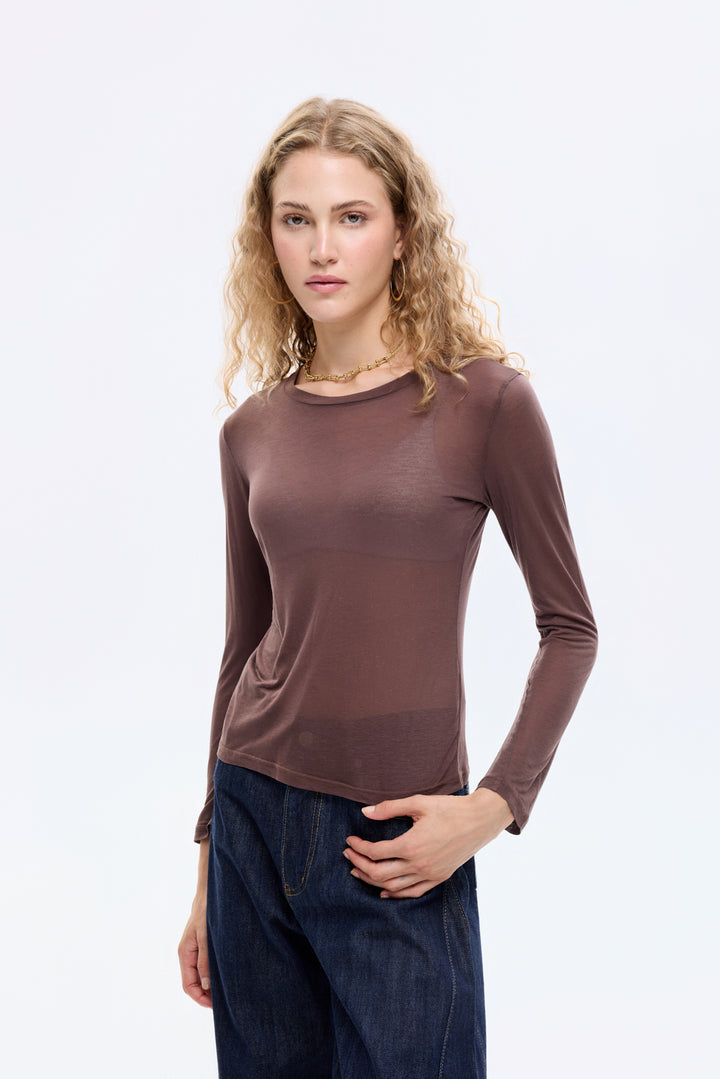 Bisiklet Yaka Basic Bluz Kahverengi