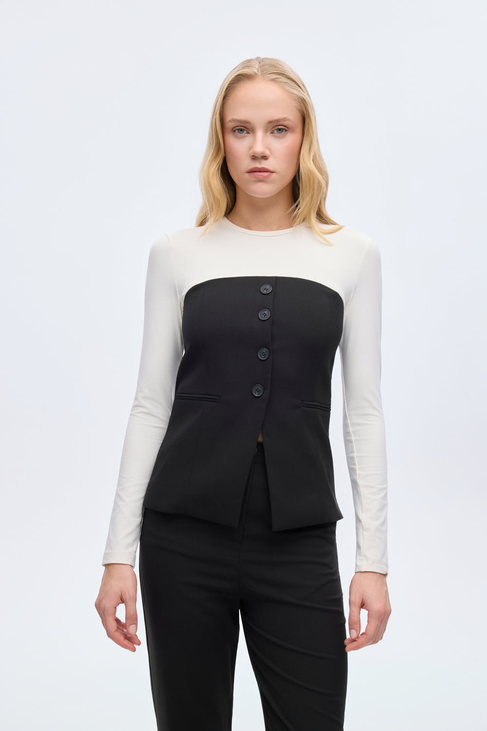 Renk Bloklu Kumaş Garnili Bluz Siyah