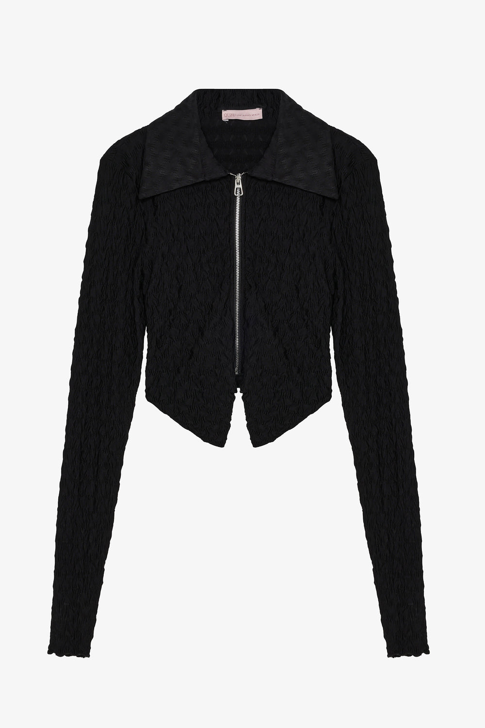 Gofre Dokulu Fermuarlı Crop Bluz Siyah