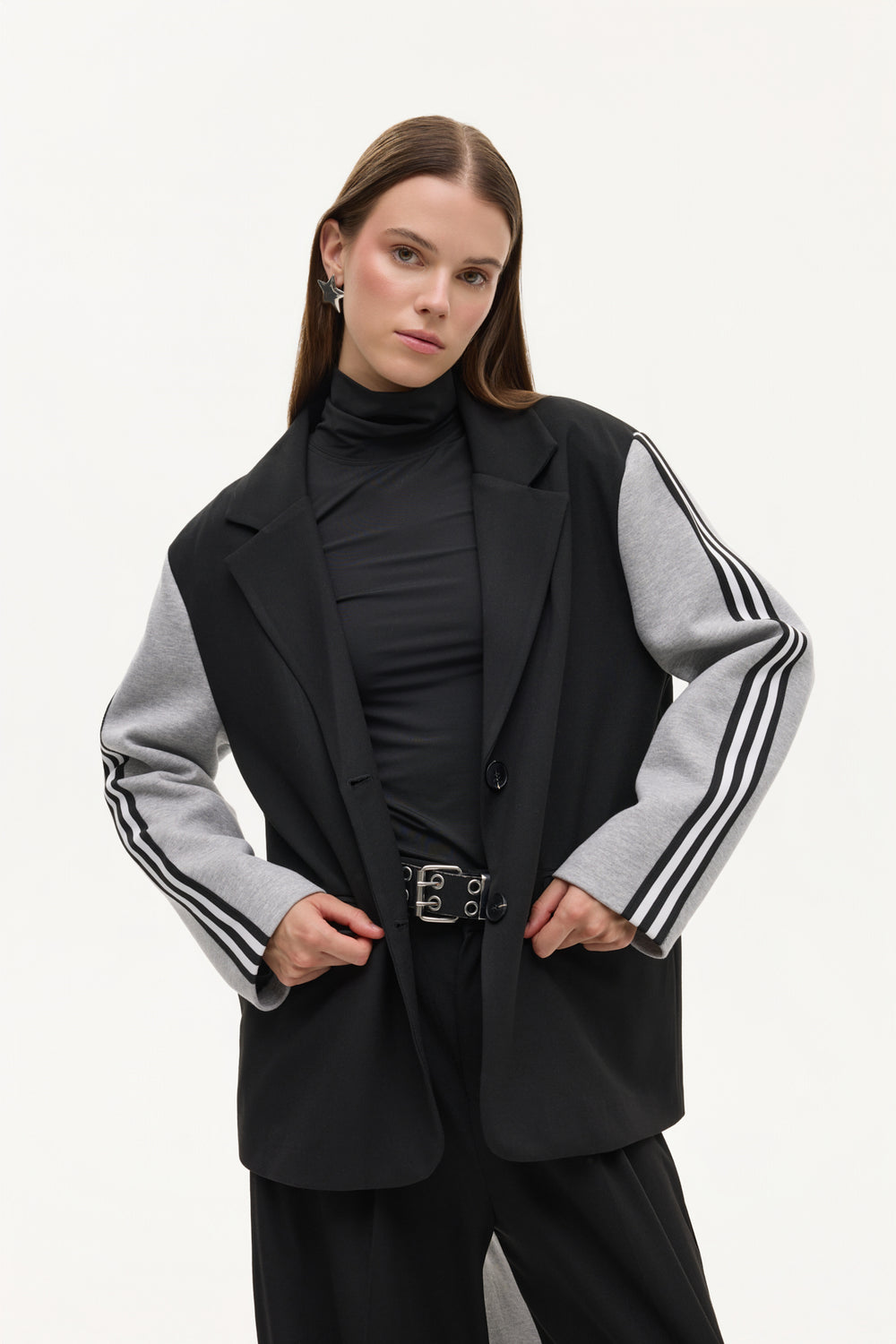 Şerit Detaylı Garnili Oversize Blazer Ceket Siyah