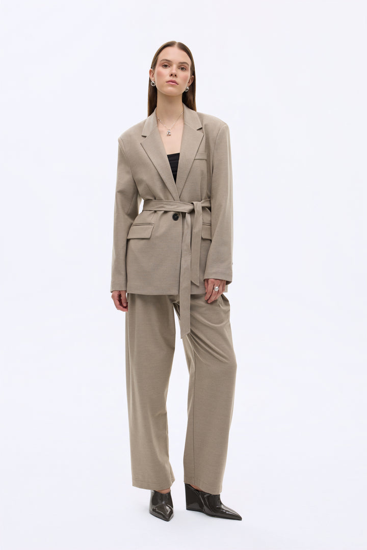 Kuşaklı Tek Düğmeli Oversize Blazer Ceket Vizon