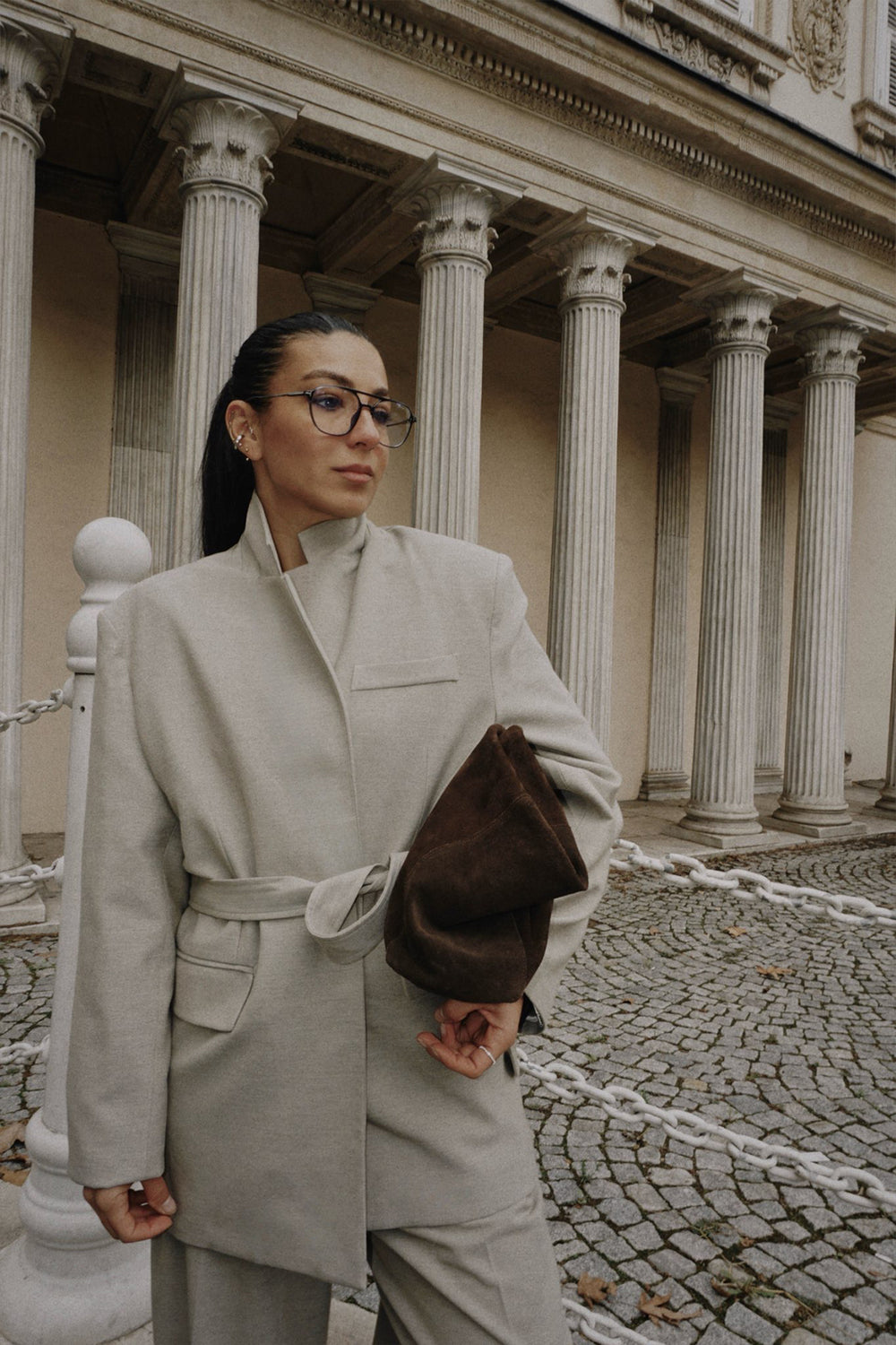 Kuşaklı Tek Düğmeli Oversize Blazer Ceket Vizon