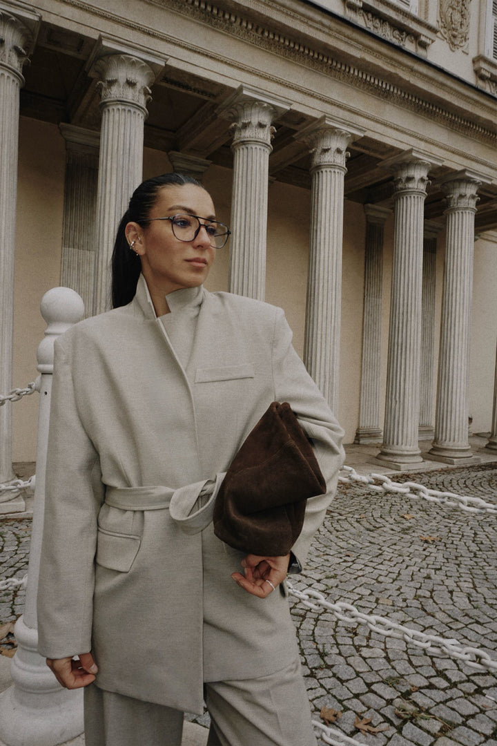 Kuşaklı Tek Düğmeli Oversize Blazer Ceket Vizon